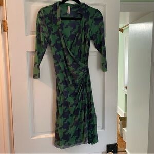 Sweet Pea Green and Blue Ruched Wrap Dress